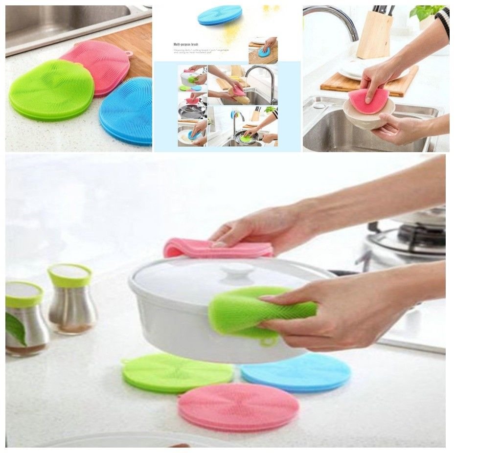Silicone Sponge Kitchen With Holder Dish Brush Multipurpose Antibacterial 3Pcs