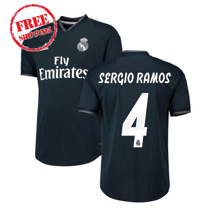 Sergio Ramos #4 Real Madrid Men Football Away Soccer 2018/19 Jersey Shirt Black