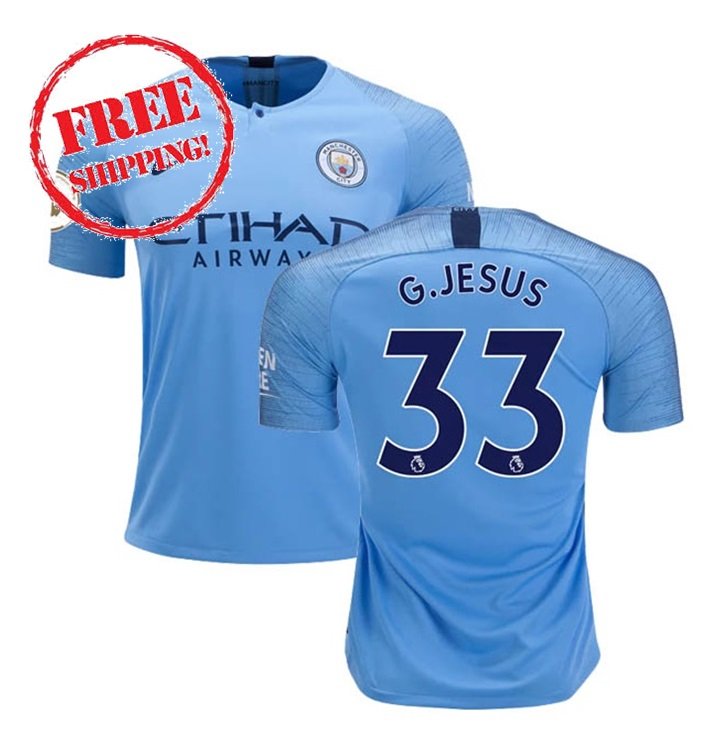 Manchester City 2018 2019 Gabriel Jesus #33 2018 2019 Football Home Soccer Jersey Men Shirt Blue
