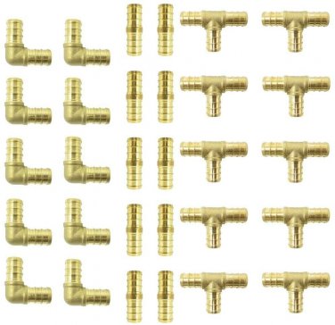 (30) 1/2" Brass PEX Fittings 10 Each Elbow TEE Coupler Reducer Lead Free Crimp