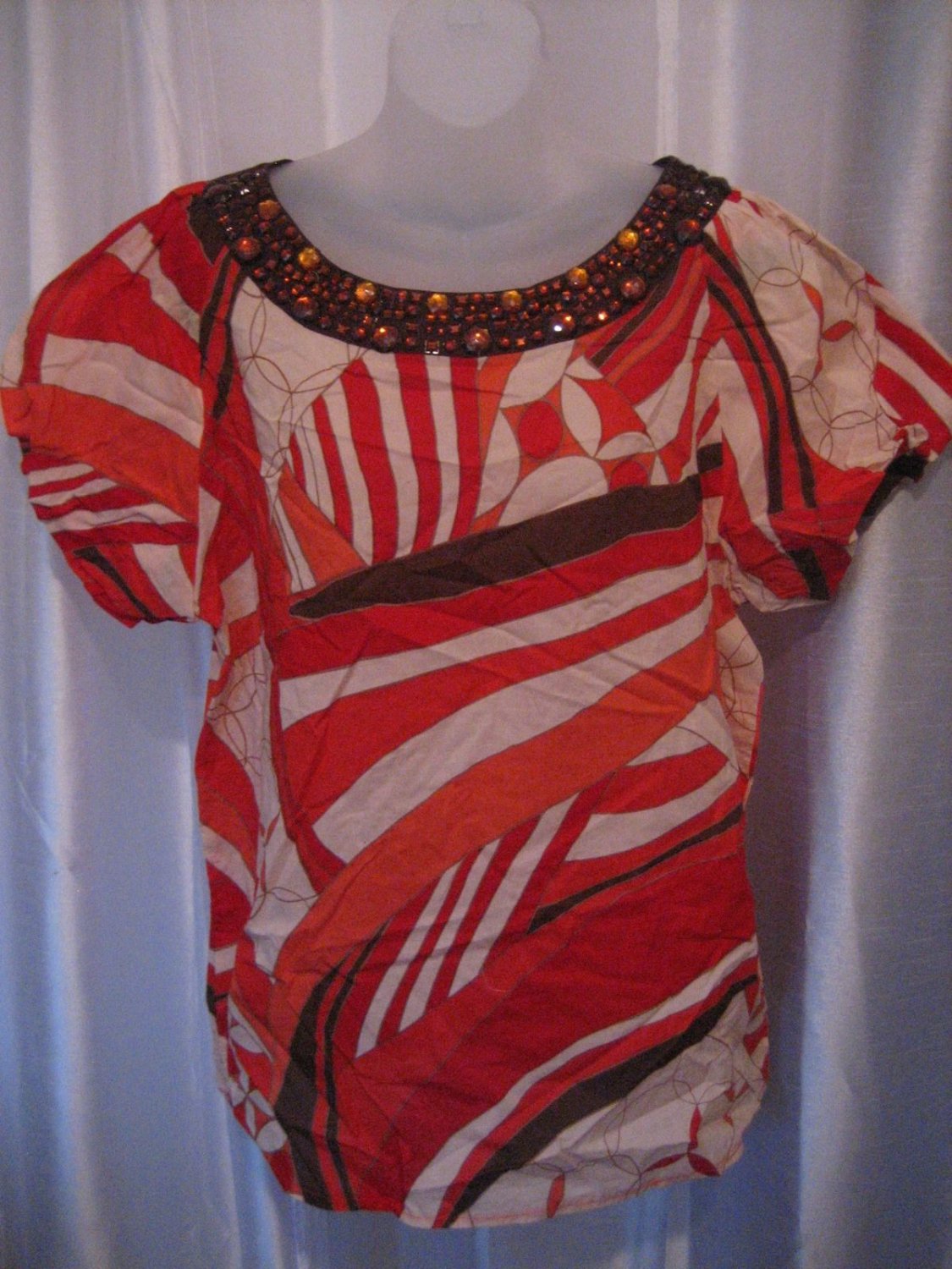Mandarin Blue Junior Size Beaded Red/Brown/Orange Blouse Top Sz XL 100% Cotton
