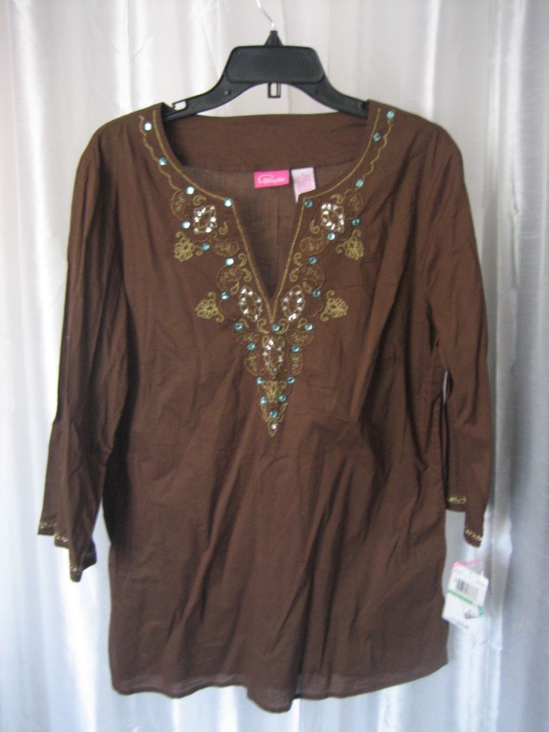 Pappagallo Women's 100%Cotton Mocha Bead/Sequin Long Sleeve Tunic Shirt Sz L NWT