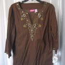 Pappagallo Women's 100%Cotton Mocha Bead/Sequin Long Sleeve Tunic Shirt Sz L NWT