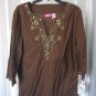 Pappagallo Women's 100%Cotton Mocha Bead/Sequin Long Sleeve Tunic Shirt Sz L NWT