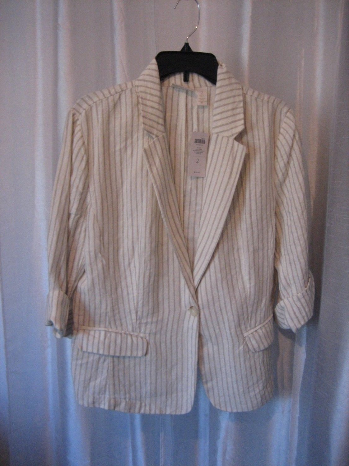 Chico's Women's Natural Cream/Tan Striped 100% Linen Blazer/Jacket Sz 2 NWWT