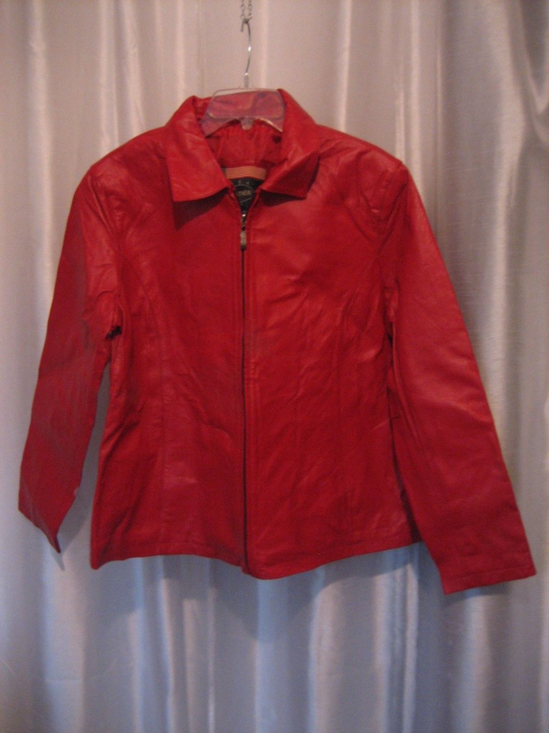 USA Leather Women's Red Leather Collared Zipper Front Lined Jacket Sz L PreOwned