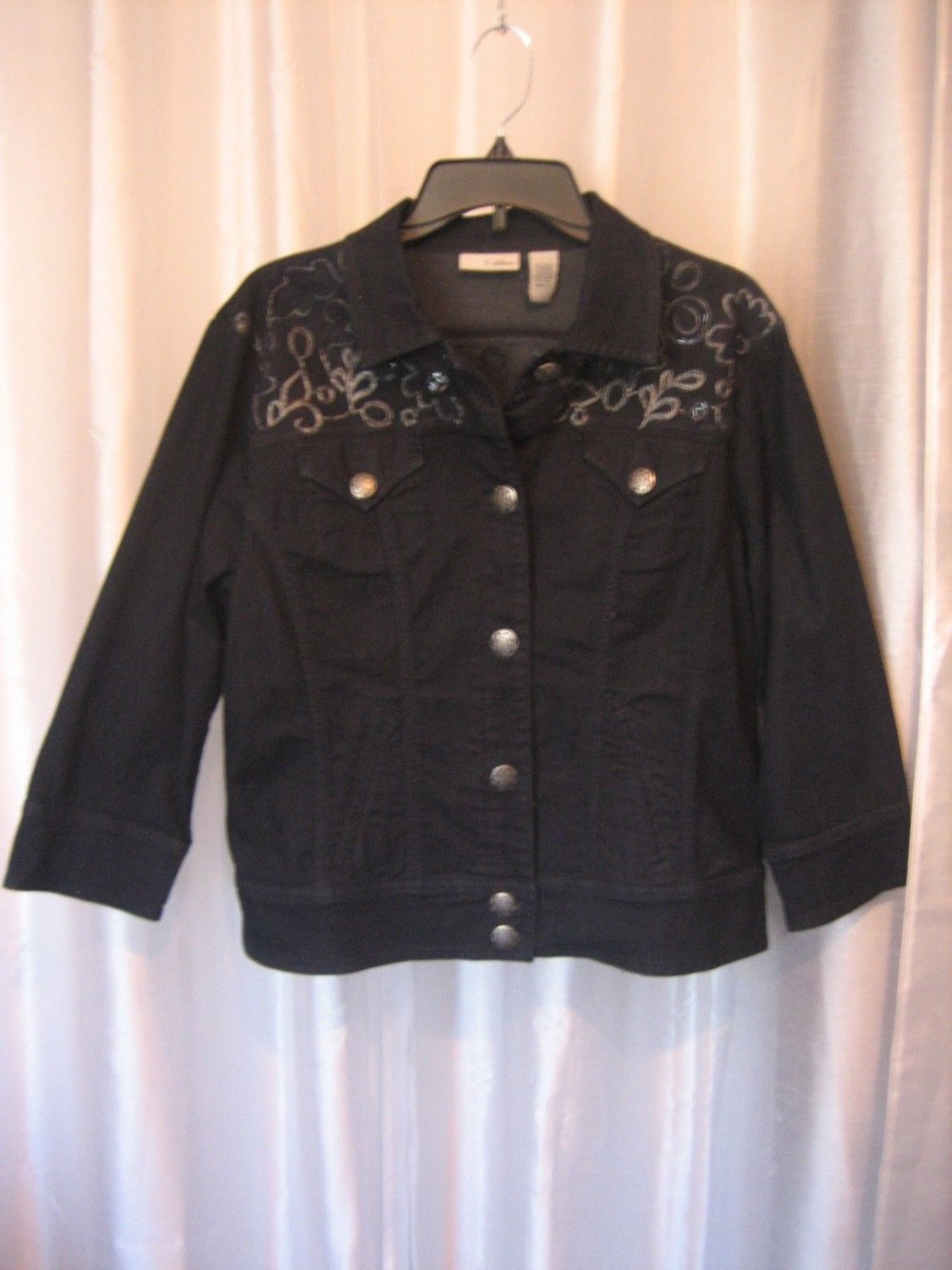 Chico's Platinum Women's Beaded Dark Blue Denim Jean Jacket Sz 2 Pre-Owned