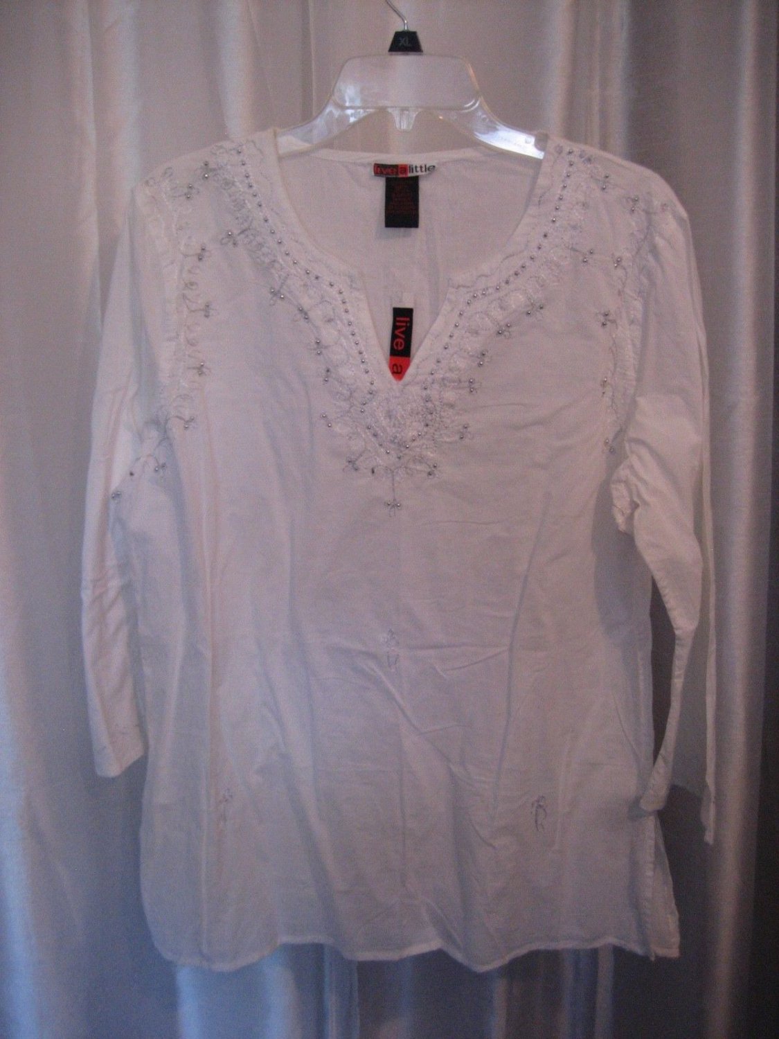 Live a Little Junior Size White 100% Cotton Long Sleeve Tunic Shirt Sz XL NWWT