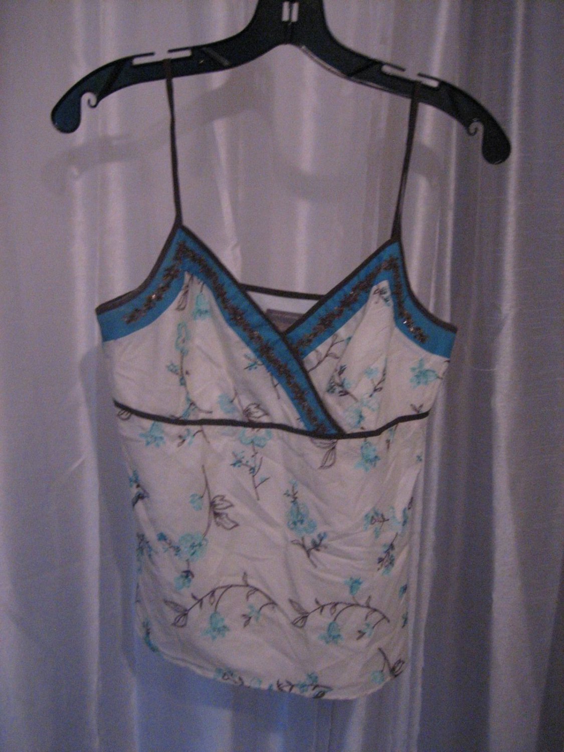 Ann Taylor Floral White/Blue Spaghetti Strap Beaded Shirt Sz 4 NWNT 100% Cotton