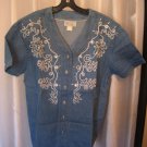 Bridge Women's Blue Denim Decorative Short Sleeve V Neck Cotton Shirt Sz L NWNT