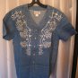 Bridge Women's Blue Denim Decorative Short Sleeve V Neck Cotton Shirt Sz L NWNT