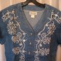 Bridge Women's Blue Denim Decorative Short Sleeve V Neck Cotton Shirt Sz L NWNT
