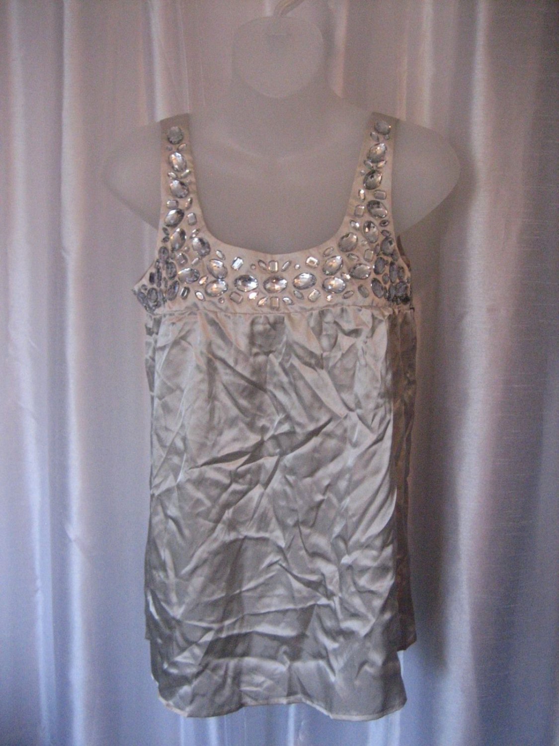 Fang  Junior Size Grey Rhinestone Solid Sleeveless Shirt Ties in Back Sz S NWWT