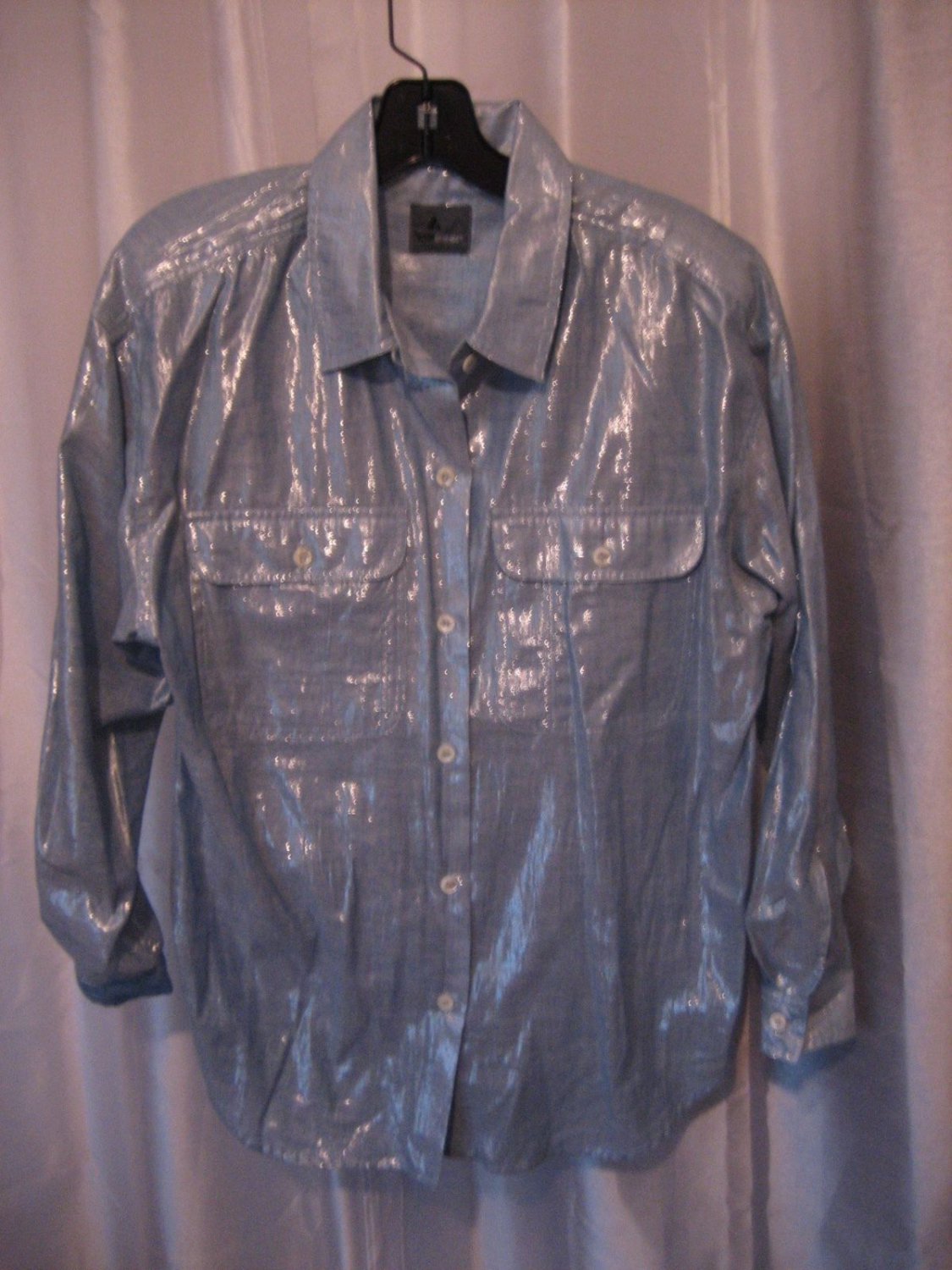 Liz Wear Women's Blue with Silver Thread Button Down Blouse Shirt Sz L Pre-Owned