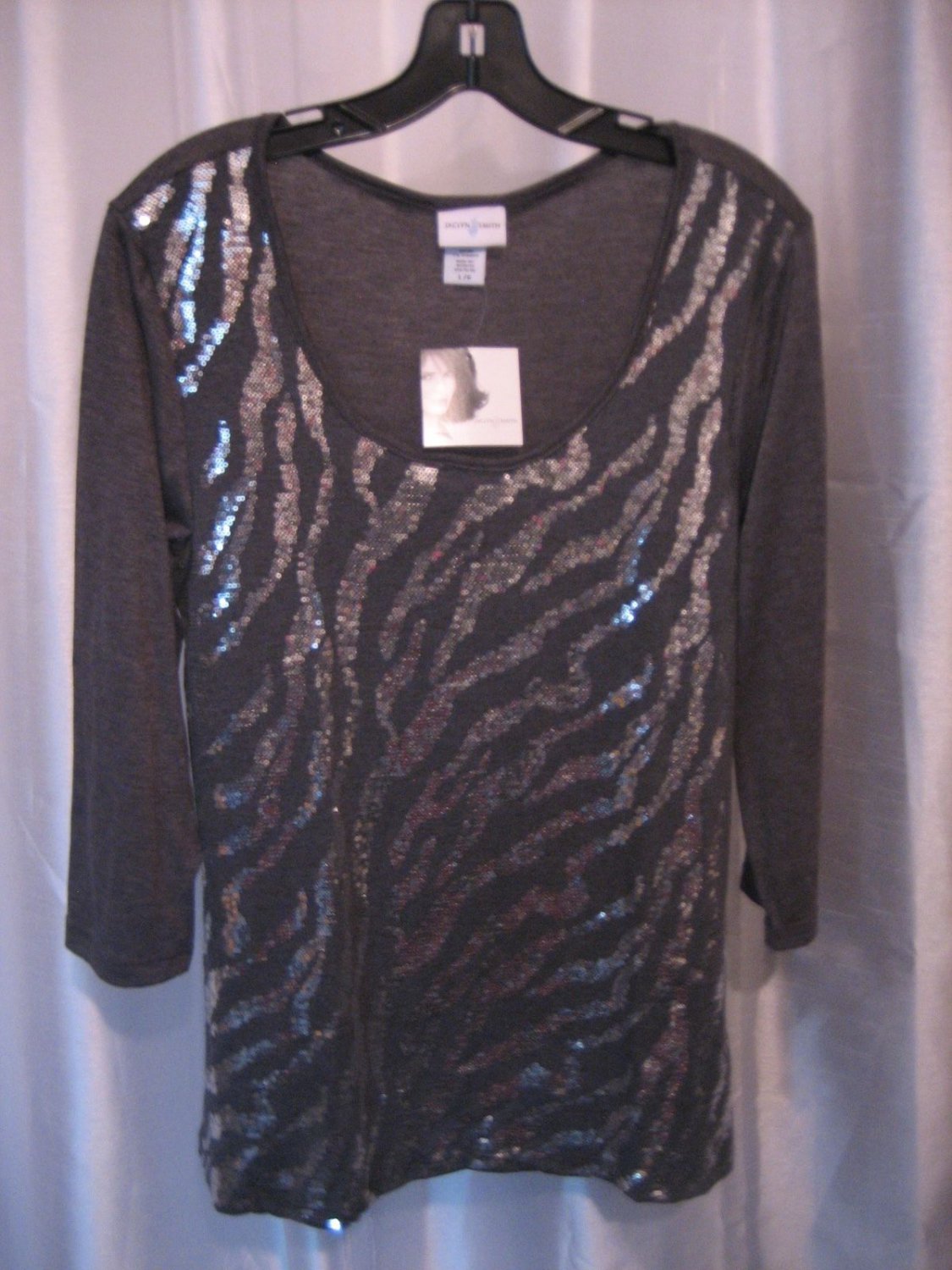 Jaclyn Smith Grey Glitz Animal Print Sequin Long Sleeve Shirt Sz L NWWT 63%Poly
