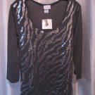 Jaclyn Smith Grey Glitz Animal Print Sequin Long Sleeve Shirt Sz L NWWT 63%Poly