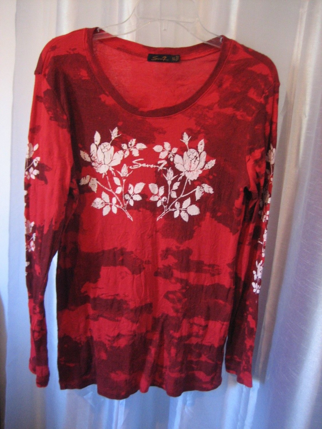 Seven Junior Size Red Tye Dye with White Roses Long Sleeve Shirt Sz XL NWNT