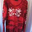 Seven Junior Size Red Tye Dye with White Roses Long Sleeve Shirt Sz XL NWNT