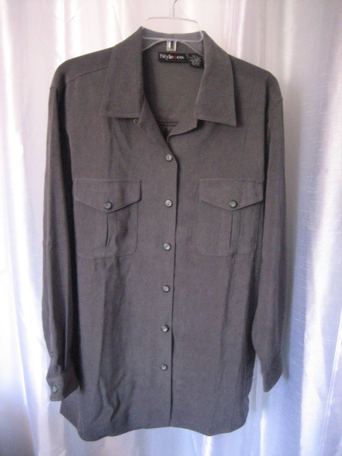 Style & Co. Women's Grey Faux Suede Button Down Long Sleeve Shirt Sz L Pre-Owned