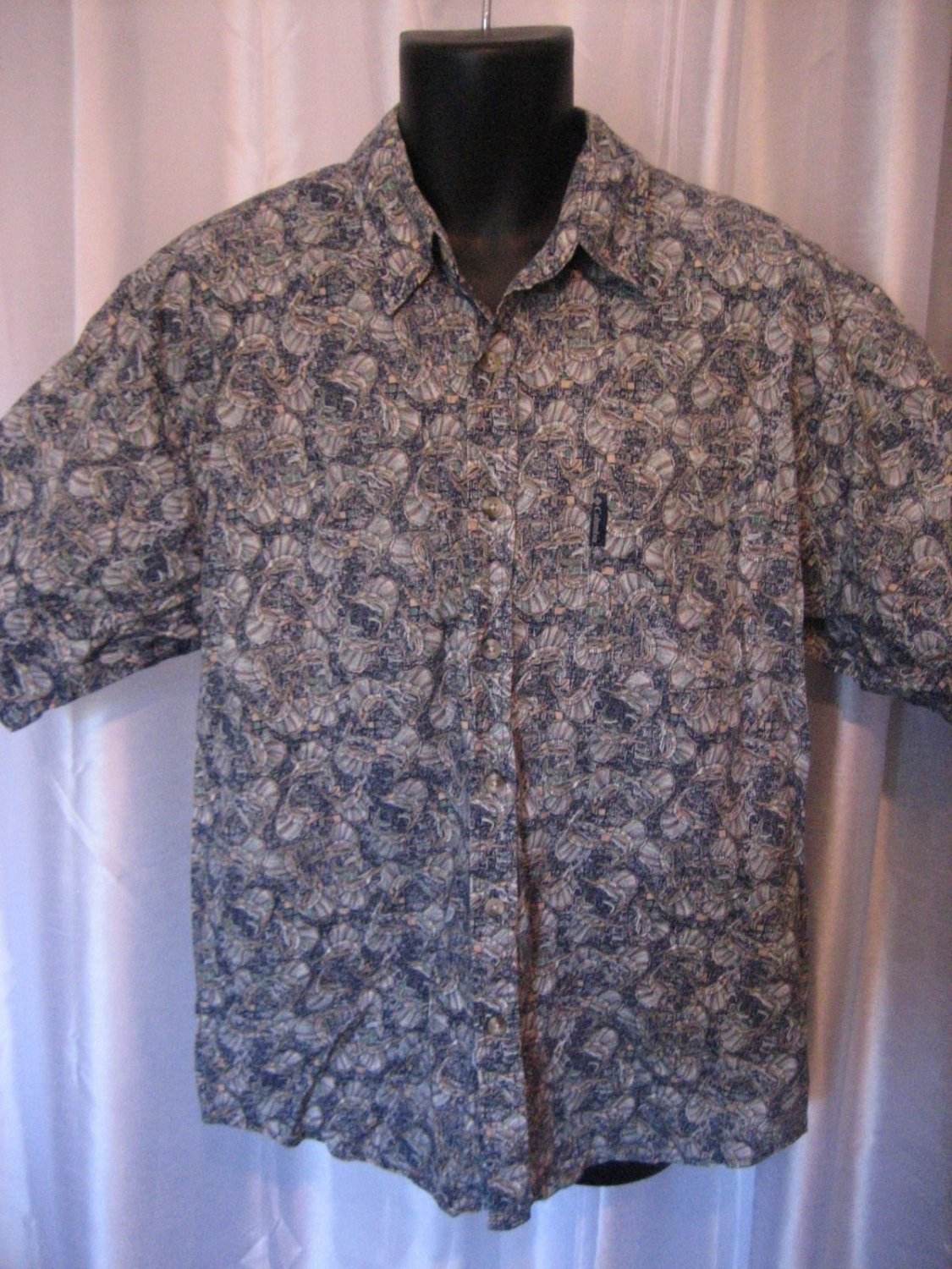Columbia Hawaiian Button Down Fish Print Shirt Sz L 100% Cotton Pre-Owned