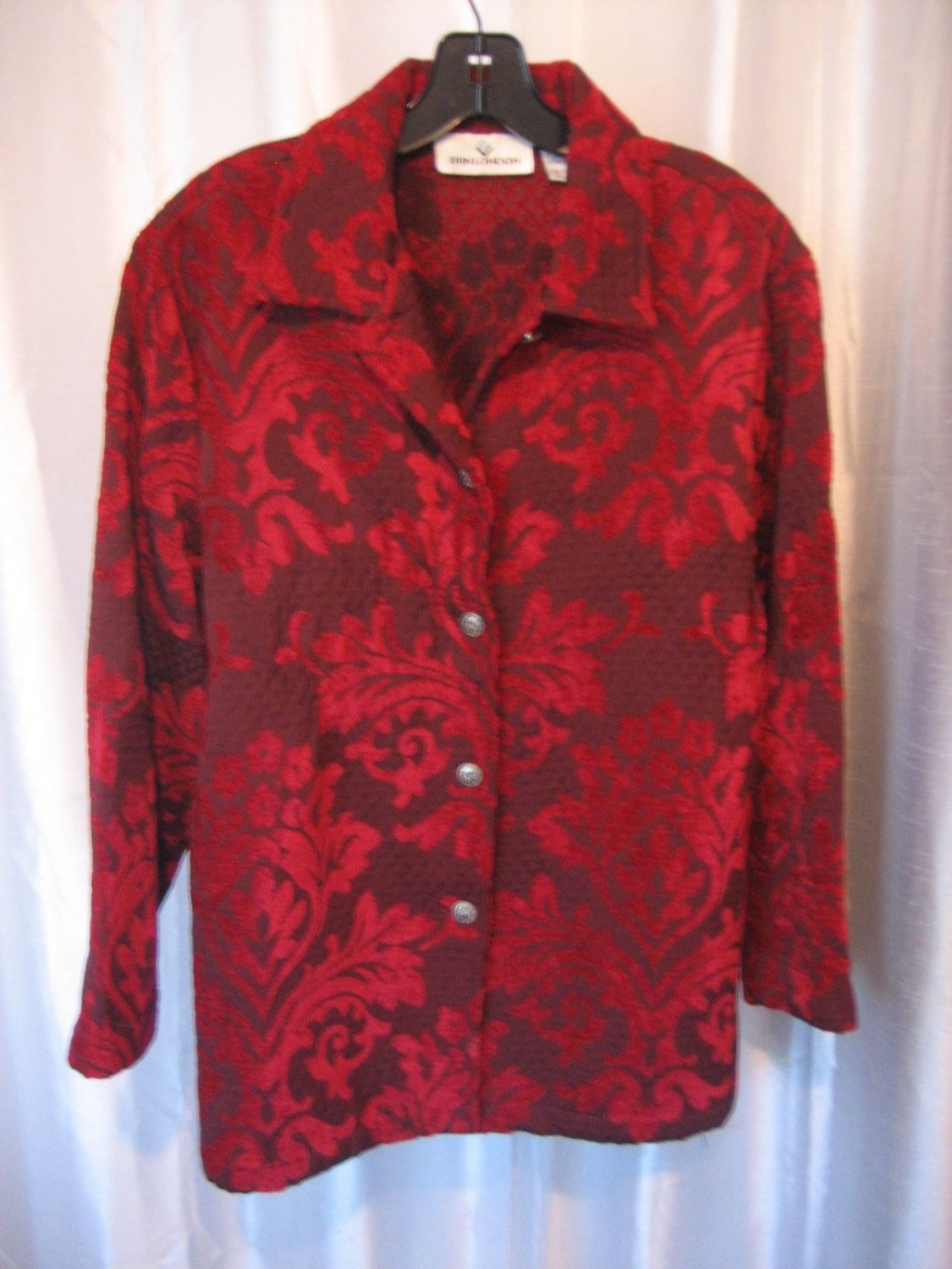 Erin London Women's Ruby Red Damask Flocked Button Down Jacket Sz L Pre-Owned