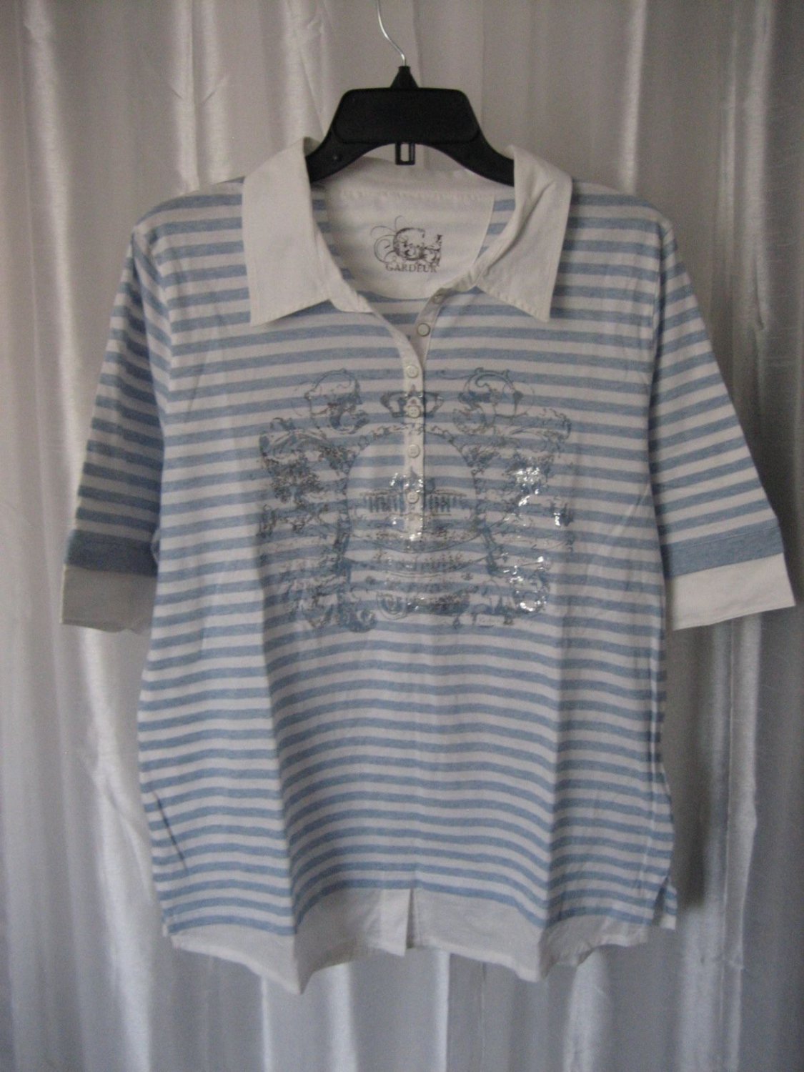 Gardeur Women's Blue & White Striped Short Sleeve 6 Button Down Front Shirt Sz L