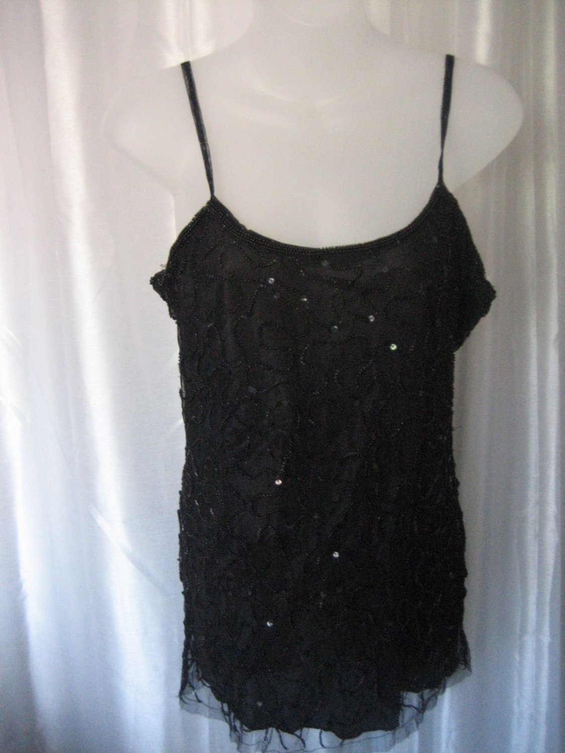 Royal Love Junior Size Black Bead/Sequin Spaghetti Strap Tank/Cami Sz L PreOwned