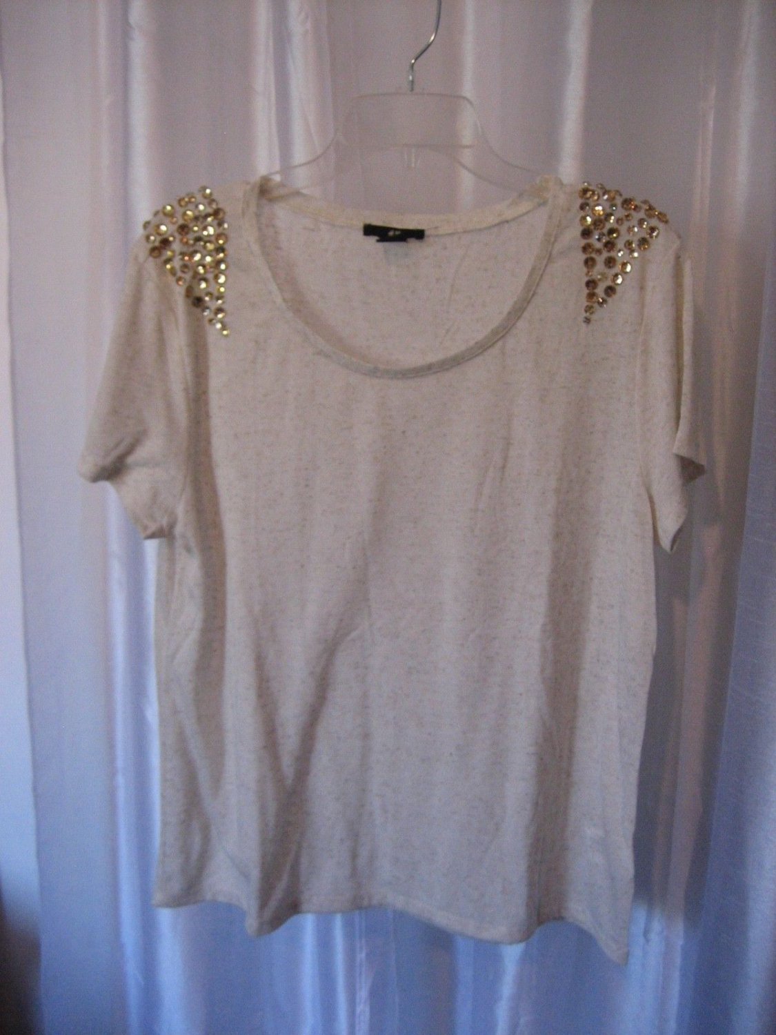H & M Junior Size Cream Jeweled Shoulder Short Sleeve Shirt/Top Sz L NWNT