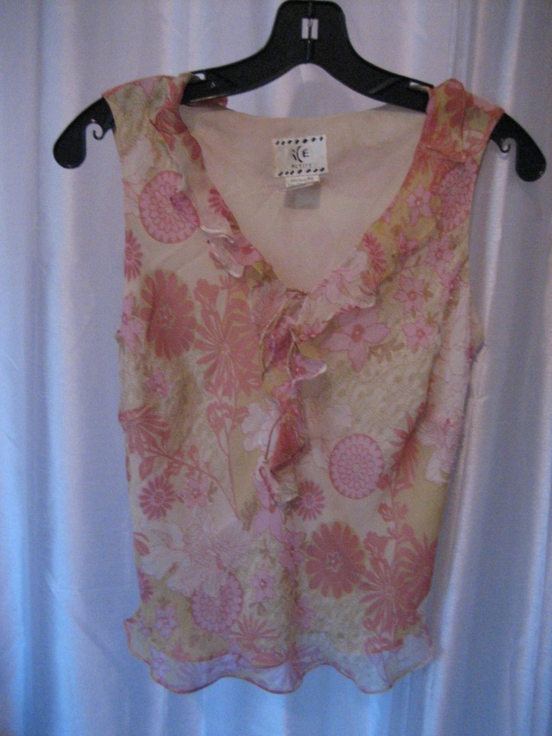 Ice Petite Women's Silk Floral Sleeveless Ruffle Beaded Blouse Sz PS Pre-Owned