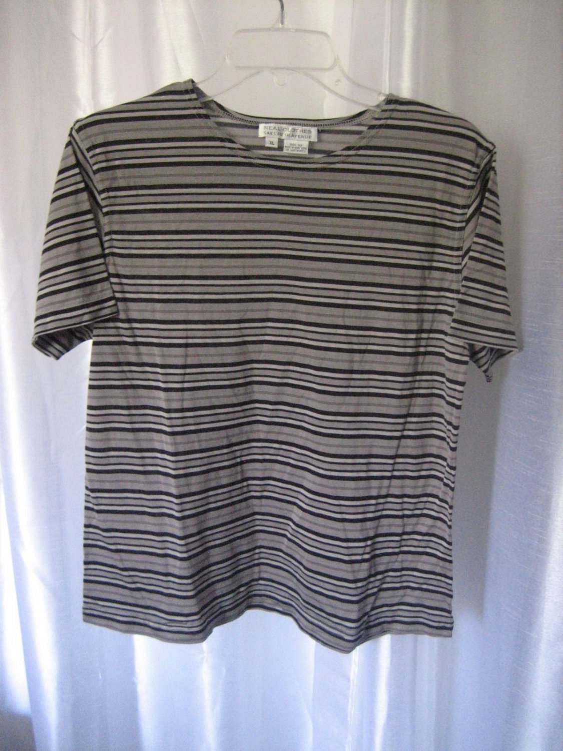 Real Clothes Saks Fifth Avenue Junior Size Silk Black/Grey Striped Shirt Sz XL