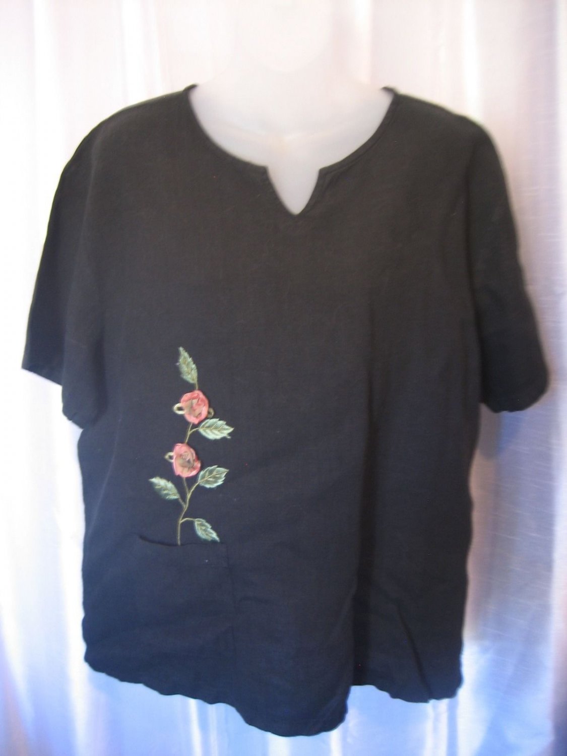 Donna Women's Black Linen Pink Ribbon Floral Top Sz XL Pre-Owned Made in USA