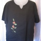 Donna Women's Black Linen Pink Ribbon Floral Top Sz XL Pre-Owned Made in USA