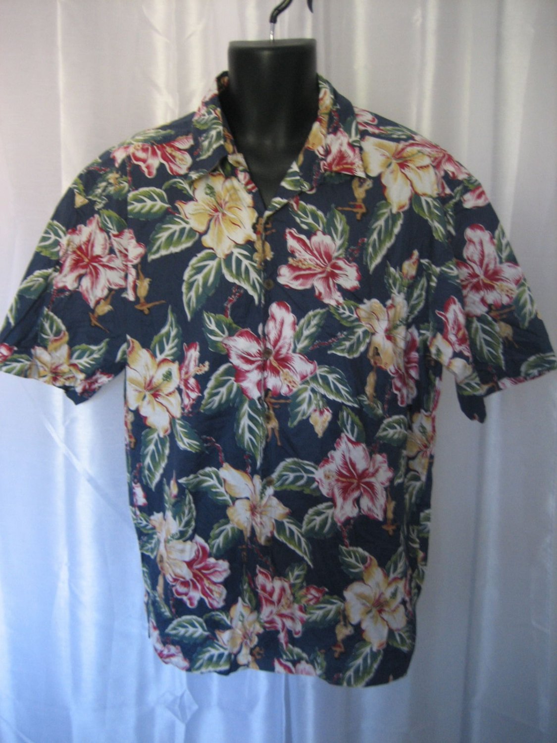 Kahala Men's Hula Girl & Hibiscus Hawaiian Button Down Shirt Sz L PreOwned
