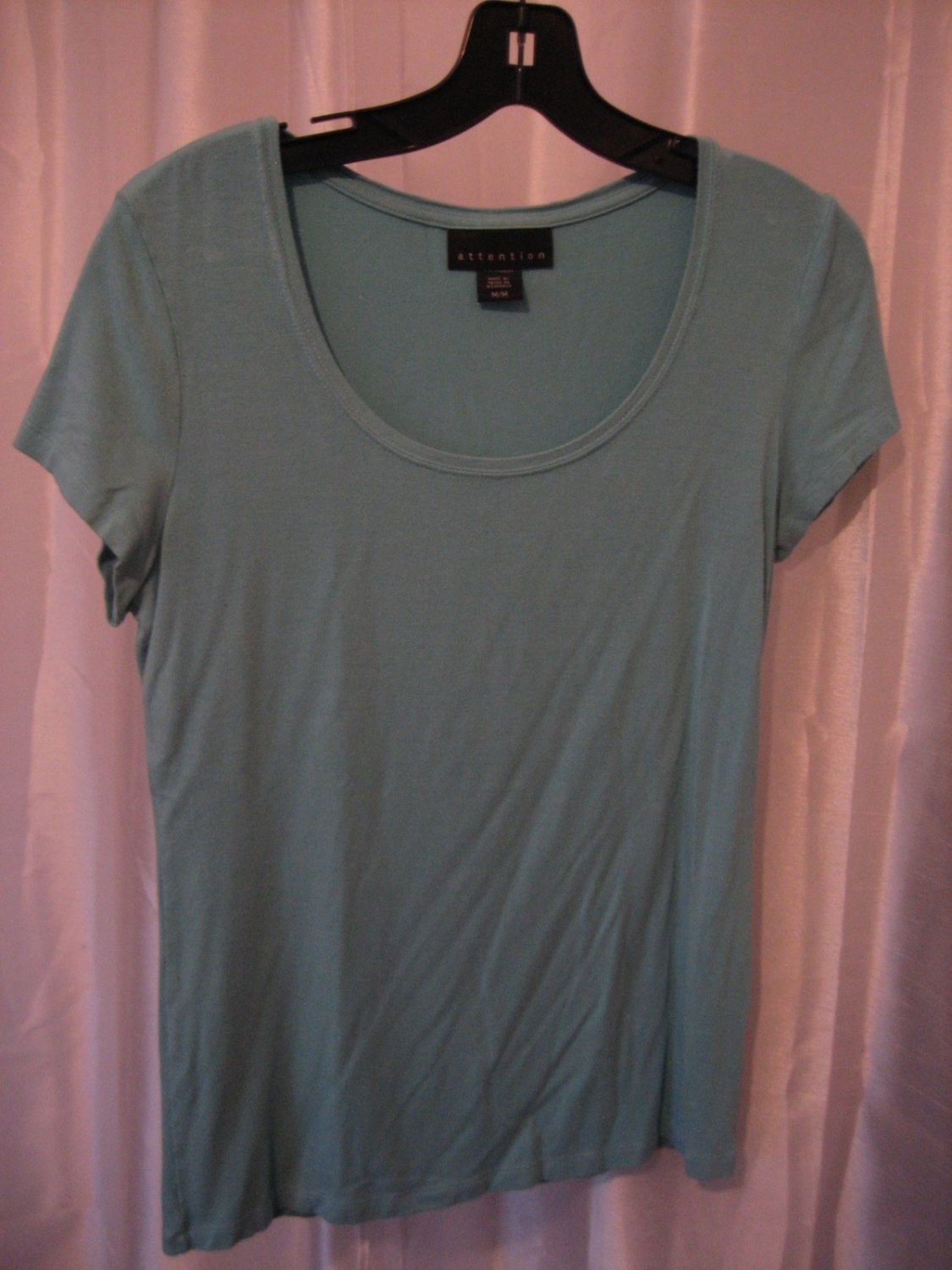 Attention Women's Green Blue Short Sleeve Round Neck Shirt Sz M 95% Rayon PreOwn