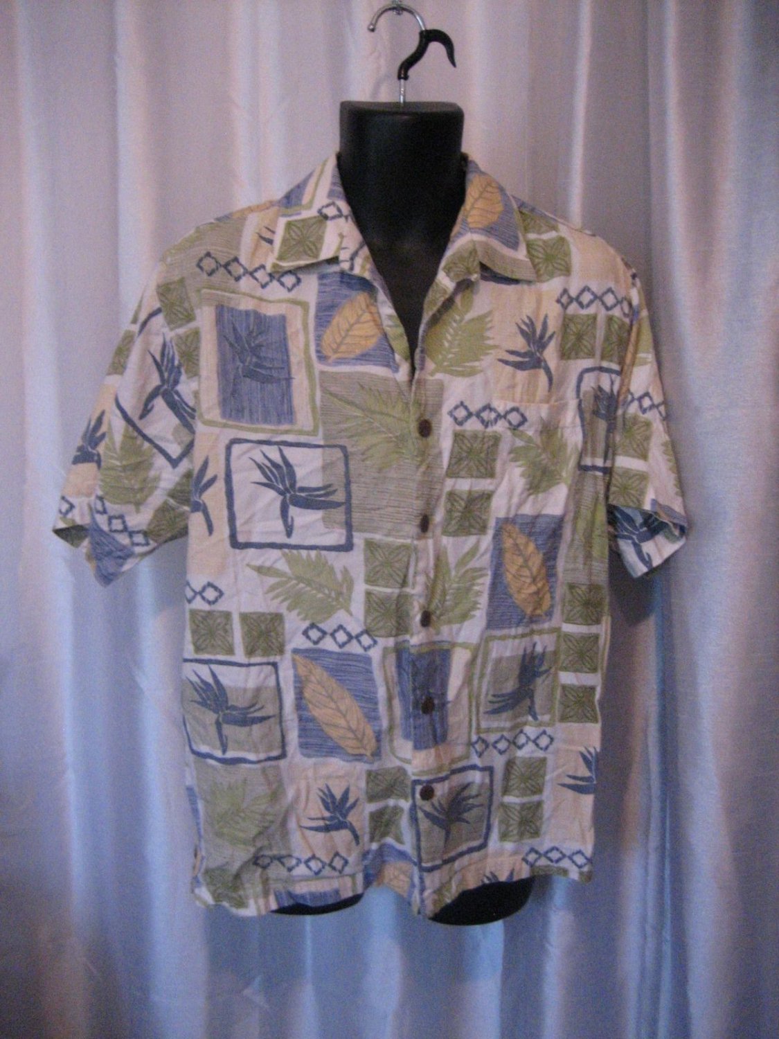 Hilo Hatties Men's Blue/White/Green Button Down Hawaiian Shirt Sz L Pre-Owned