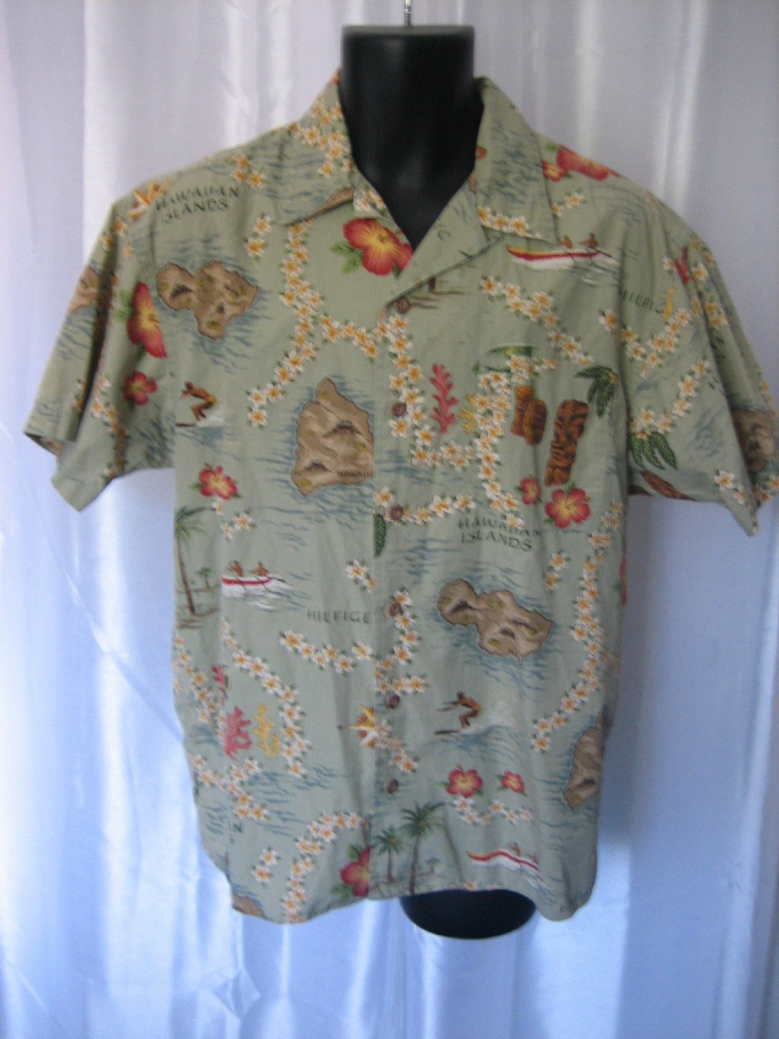 Hilfiger Hawaiian Print Men's Hawaiian Button Down Shirt Cotton Sz L Pre-Owned