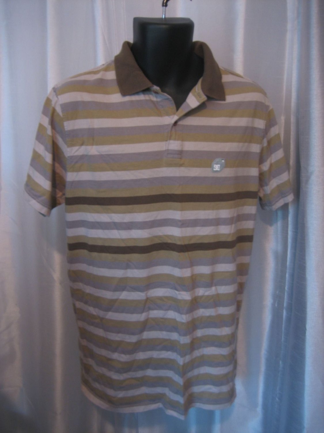 DC Men's Grey & Green Striped Collar 2 Button Shirt 100% Cotton Sz M Pre-Owned