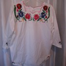 Handmade Junior Size White Shirt w/Multi Color Embroidered Flowers SzXL PreOwned