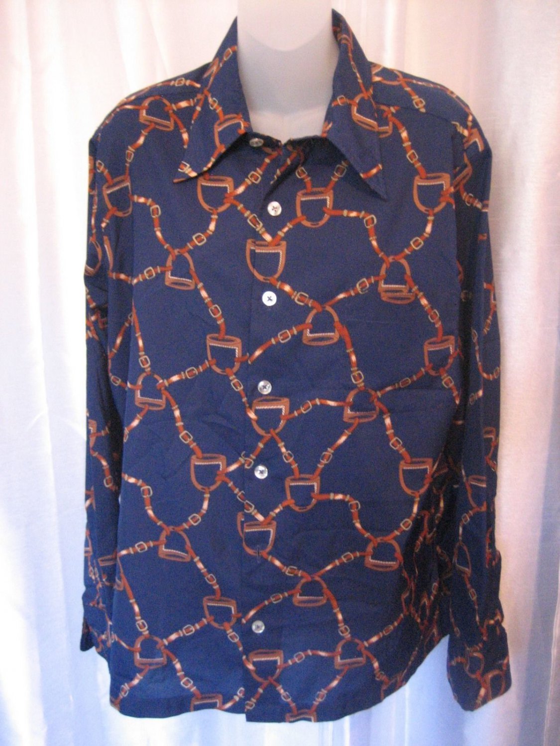 Vintage Countess Wara Men's Navy Equestrian Button Down Long Sleeve Shirt Sz L