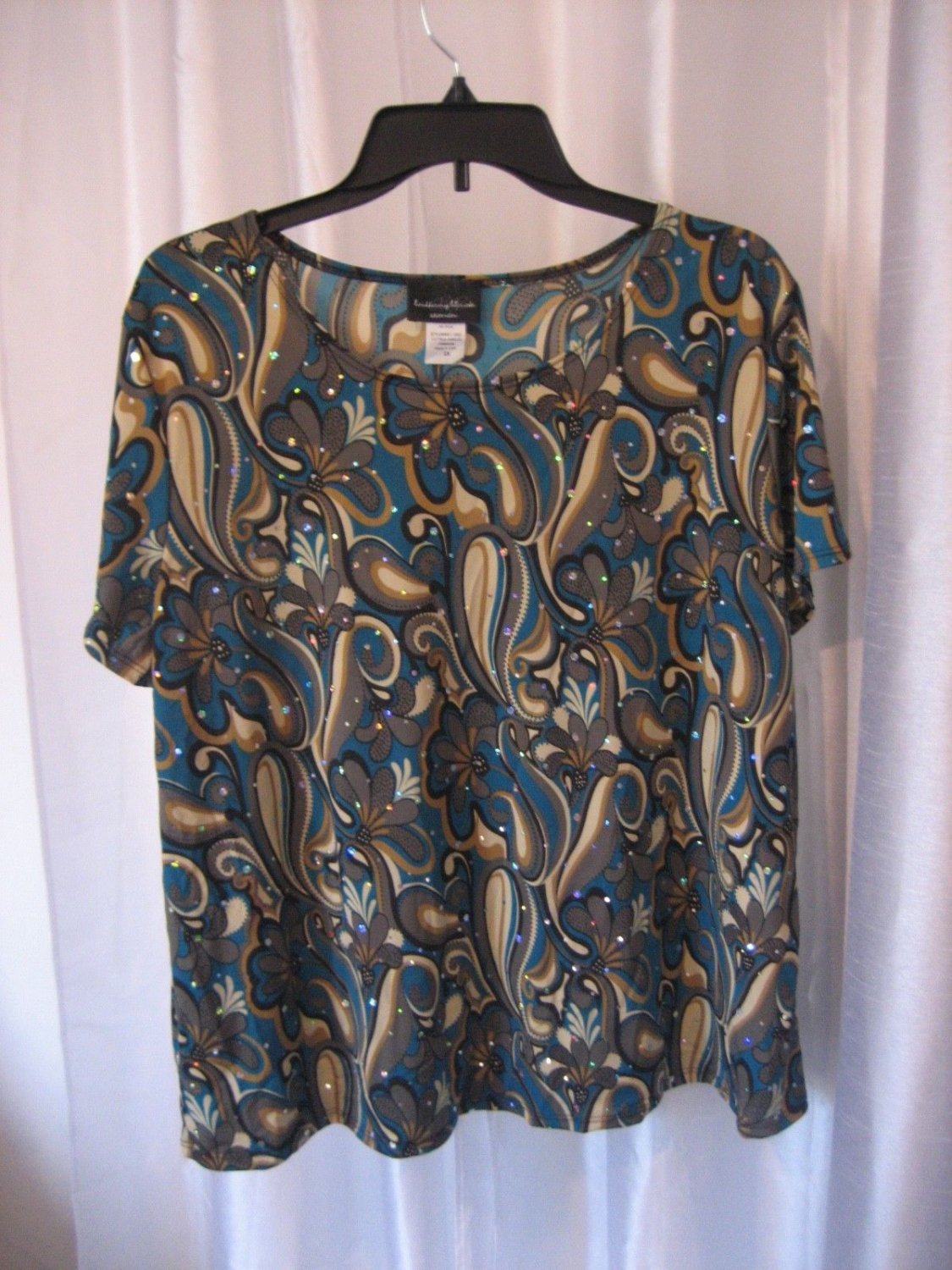 Brittany Black Woman Blue/Tan/Grey Sparkle Paisley Pullover Shirt Sz 2X NWNT