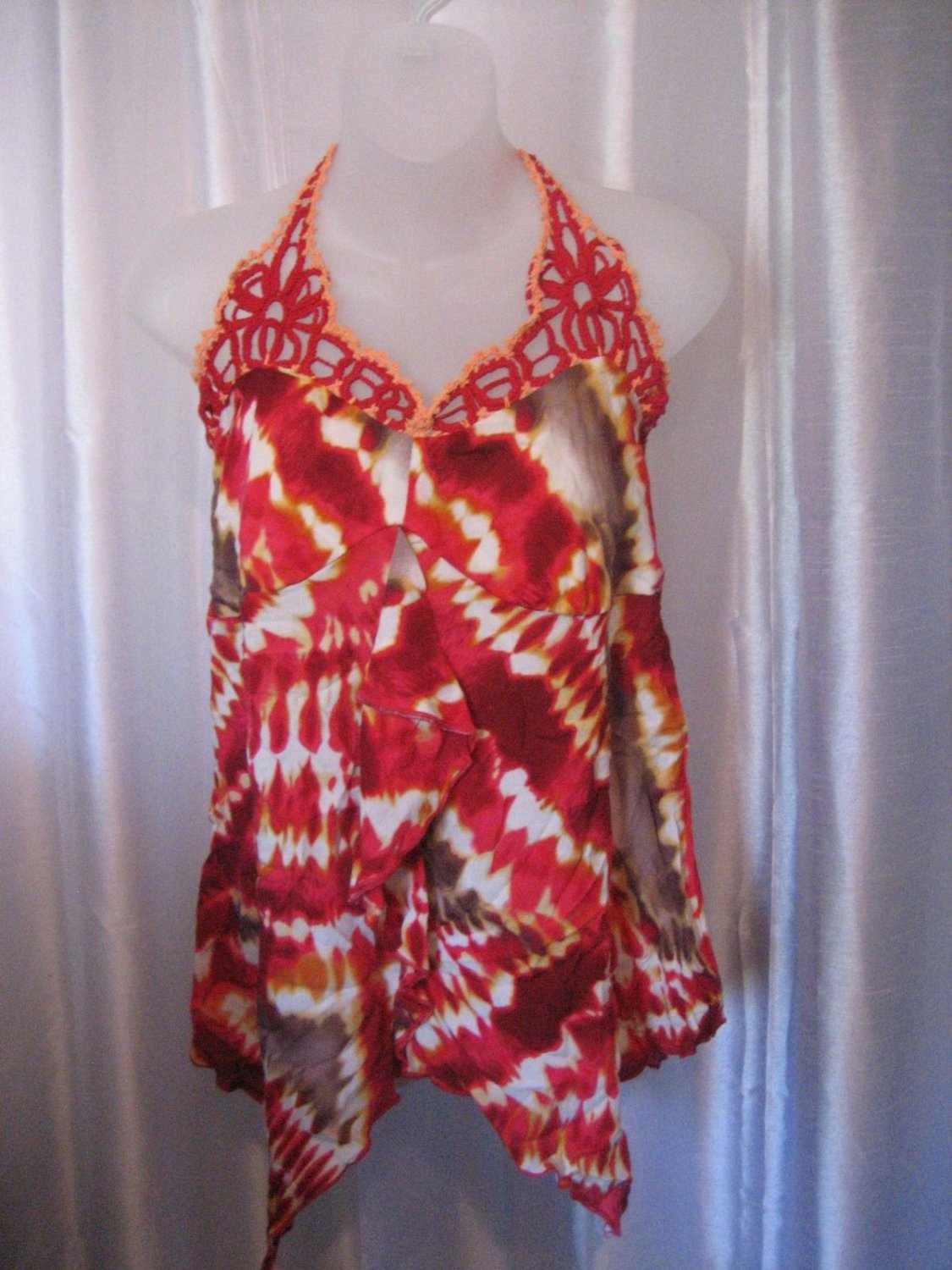 Perseption Concept Red/Brown/Cream Tye Dye Halter Top Shirt Sz M NWNT 100% Rayon