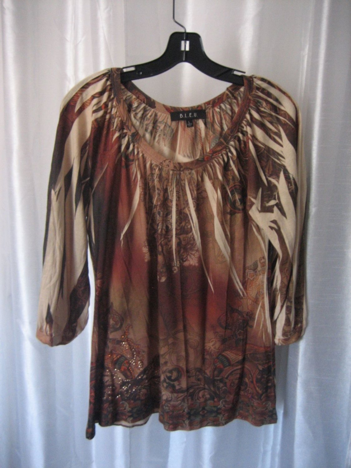 B.L.E.U. Junior Size Long Sleeve Brown Printed Shirt/Top Polyester Sz L PreOwned