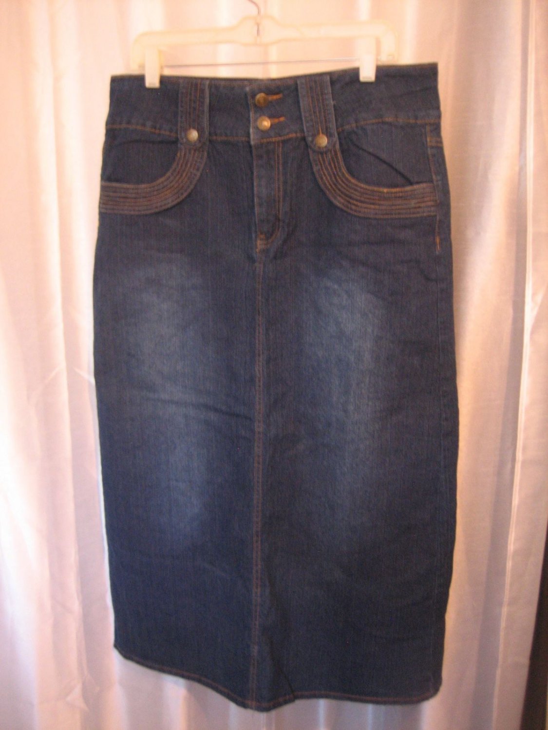 Out Jeans Junior Size Mid Calf Blue Denim Jean Skirt 96% Cotton Sz 1X NWNT
