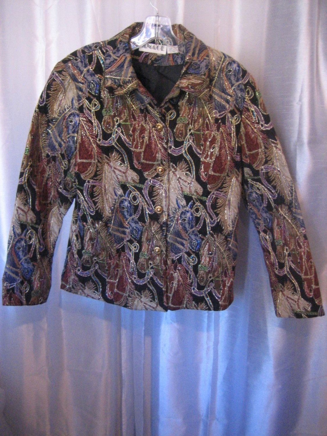 Anage Women's Horse Print Multi-Color Beaded Lined Jacket/Blazer Sz M Pre-Owned