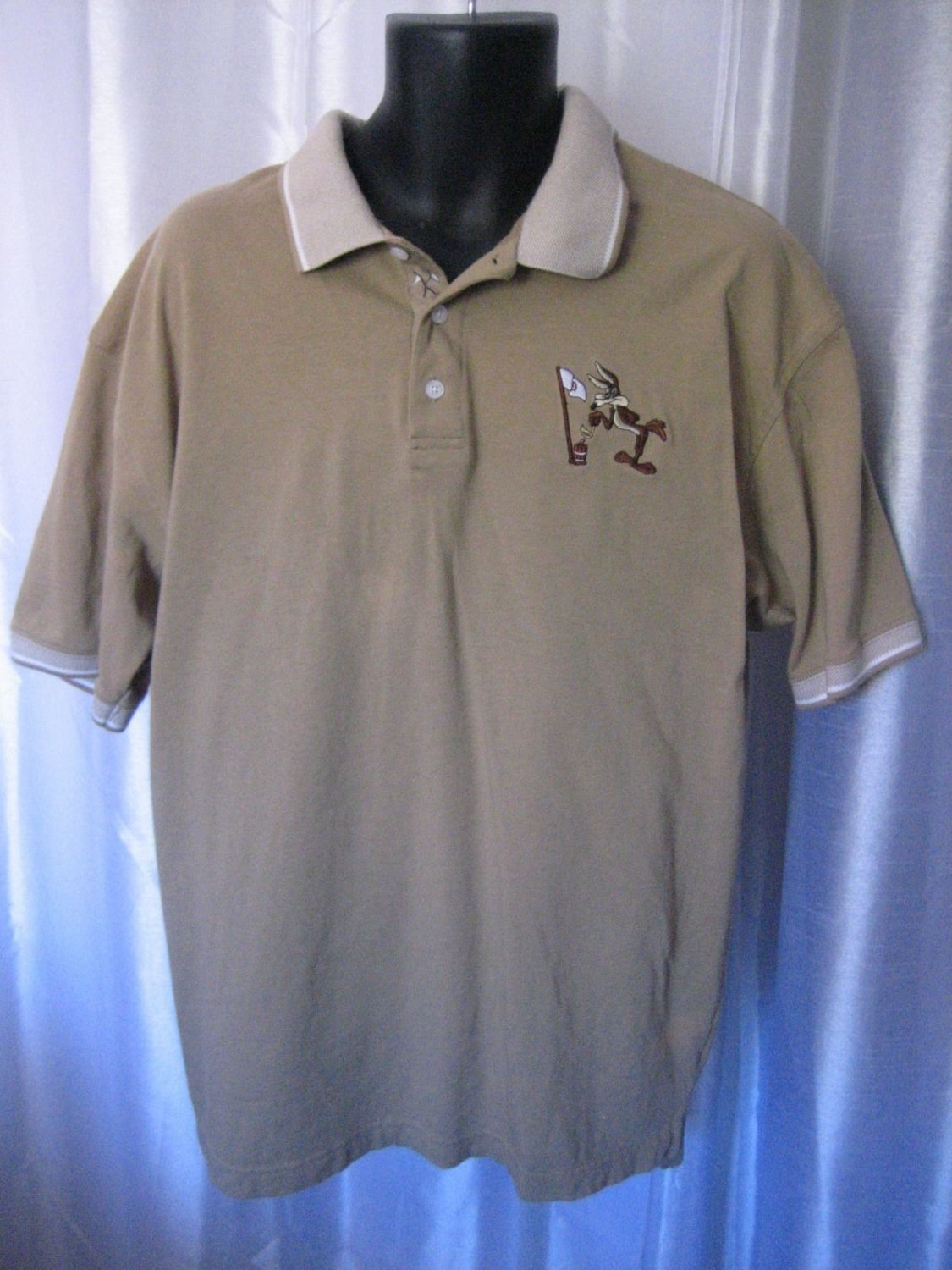 Looney Tunes Wile E Coyote Tan Golf Shirt Short Sleeve Sz L 100% Cotton Pre-Own