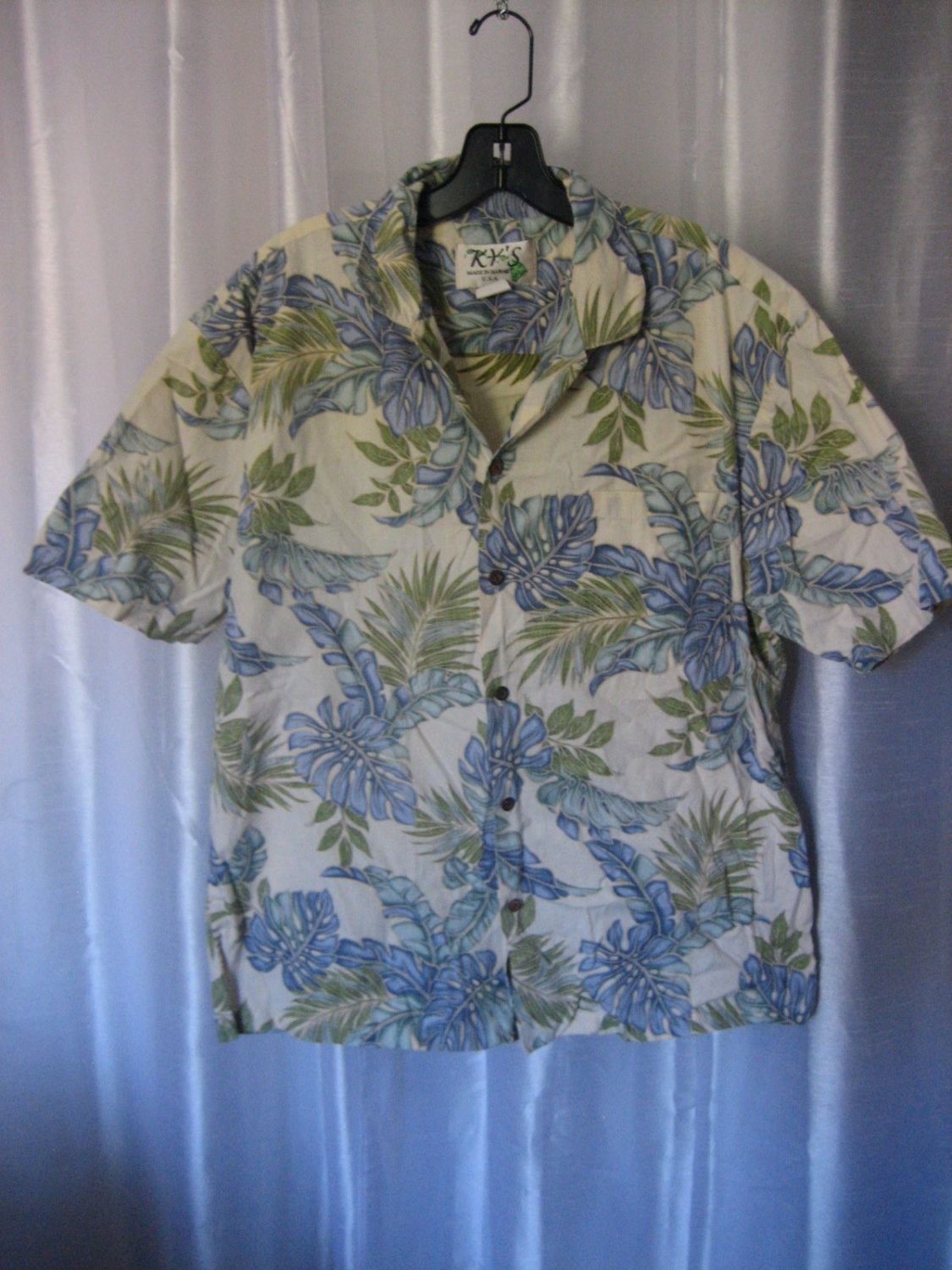 KY'S Men's Cream/Blue/Green Leaf Print Hawaiian Button Down Shirt Sz L Pre-Owned