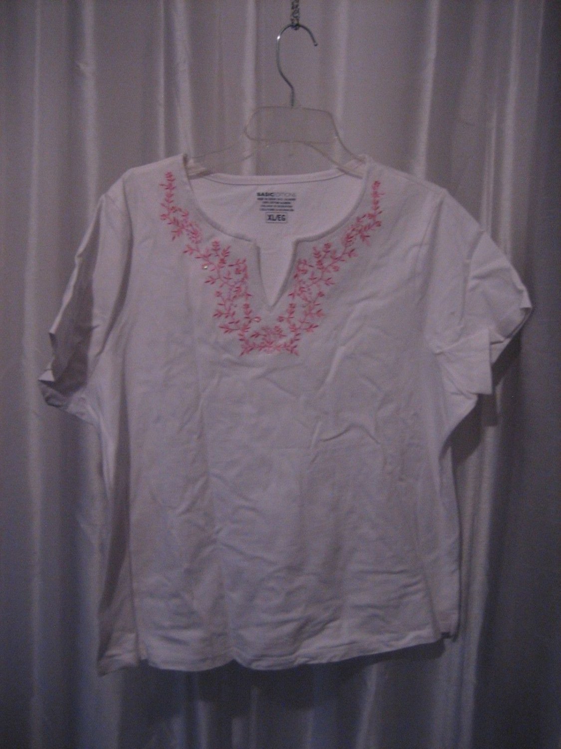 Basic Edition Women's White V Neck Pink Flower Short Sleeve Shirt Sz XL PreOwned
