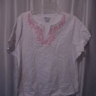 Basic Edition Women's White V Neck Pink Flower Short Sleeve Shirt Sz XL PreOwned
