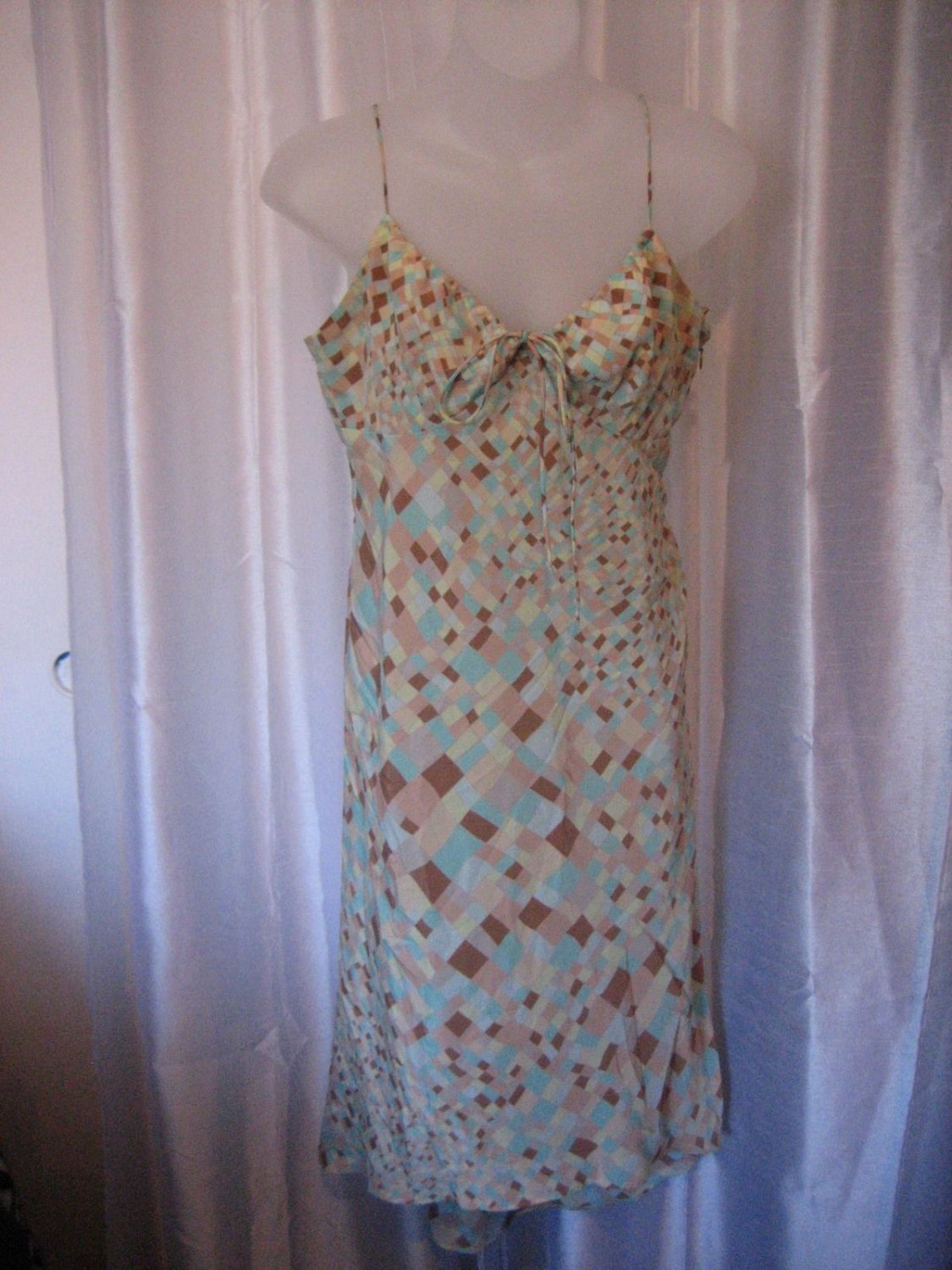 Express Junior Size Spaghetti Strap Aqua/Tan/Brown Checked Sundress Sz 9/10 NWNT
