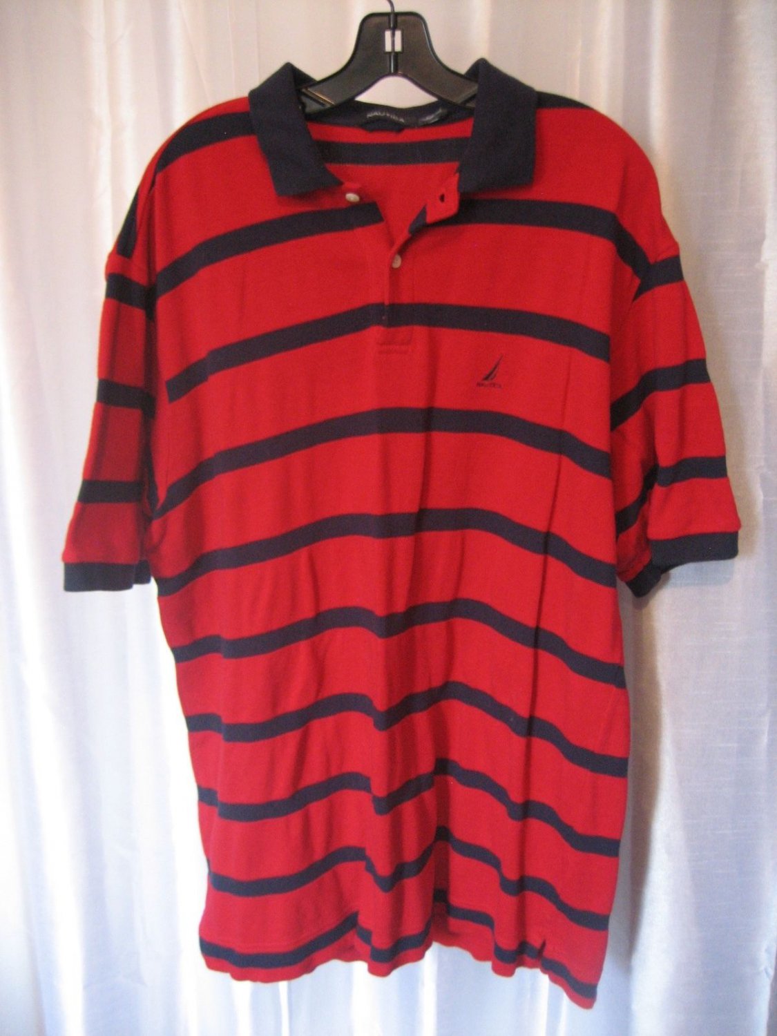 Nautica Men's Red/Navy Striped Casual Short Sleeve Shirt 100%Cotton Sz XL PreOwn